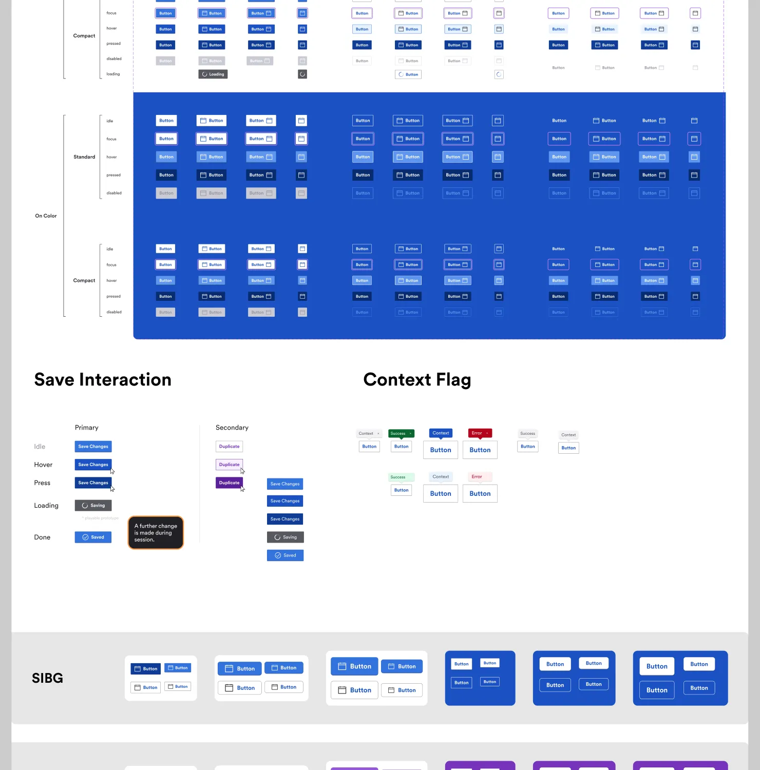 Button page from the JUMBO Components Figma library showing size and state variants on color, the Save Interaction pattern, Context Flag and the SIBG brand row
