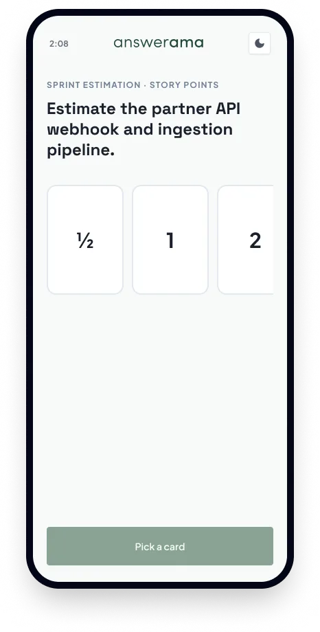 Answerama planning poker participant screen